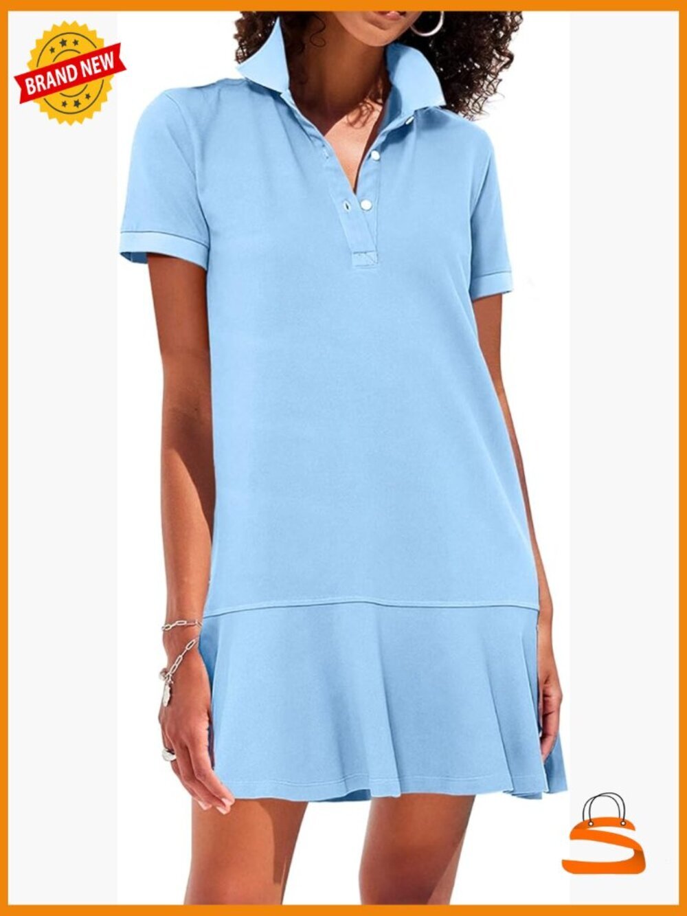 Short Sleeve Polo Dress with Ruffle Hem - Mini Length